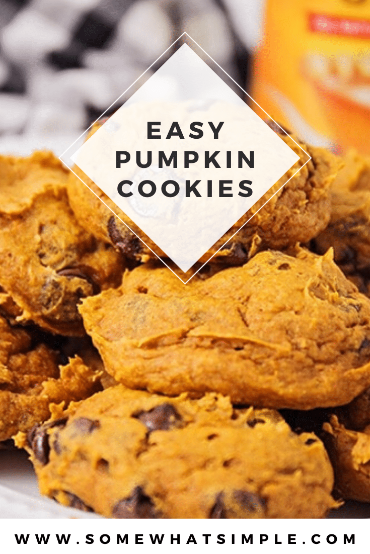 Welcome in the cool fall weather with these cake mix pumpkin chocolate chip cookies! With only 3 ingredients, they are easy to make and taste DELICIOUS! #pumpkinchocolatechipcookies #cakemixpumpkincookies #easy3ingredientpumpkincookies #cakemixpumpkinchocolatechipcookies #cakemixpumpkinchocolatechipcookiesrecipe via @somewhatsimple