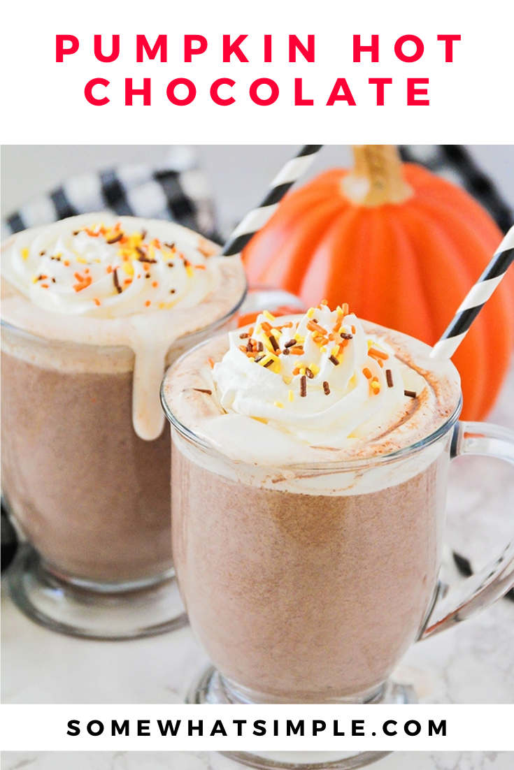 This rich and flavorful pumpkin spice hot chocolate is the perfect cozy treat to enjoy this fall! It's made totally from scratch and tastes amazing! There's nothing better in the fall than the delicious combination of chocolate and pumpkin flavors. via @somewhatsimple