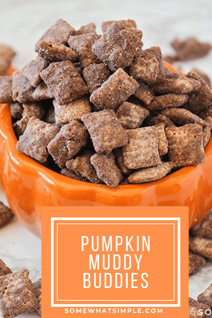 These delicious pumpkin muddy buddies are made with cookie butter, chocolate, and a little pumpkin spice. This is a perfect fall treat for those who want to enjoy a delicious muddy buddy treat without peanut butter.  Watch out, your life is about to get a whole lot sweeter!#pumpkinMuddyBuddiesRecipe #chocolatepumpkinChexMixrecipe #pumpkinmuddybuddypuppychow #howtomakepumpkinmuddybuddies #chexmixpumpkinpuppychow #muddybuddieswithoutpeanutbutter via @somewhatsimple