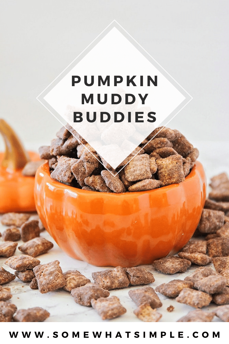 These delicious pumpkin muddy buddies are made with cookie butter, chocolate, and a little pumpkin spice. This is a perfect fall treat for those who want to enjoy a delicious muddy buddy treat without peanut butter.  Watch out, your life is about to get a whole lot sweeter!#pumpkinMuddyBuddiesRecipe #chocolatepumpkinChexMixrecipe #pumpkinmuddybuddypuppychow #howtomakepumpkinmuddybuddies #chexmixpumpkinpuppychow #muddybuddieswithoutpeanutbutter via @somewhatsimple