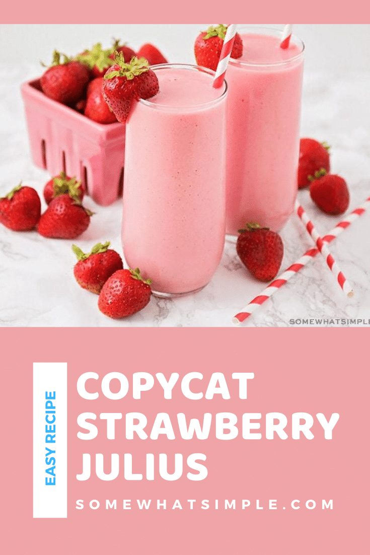 There is nothing is more refreshing than a great Strawberry Julius on a hot summer day! This easy copycat recipe is creamy, fresh and totally delicious! It's so good, you'll think you were hanging out at the mall in the 90s. #strawberrydrink #strawberrysmoothie #strawberryjuliuscopycatrecipe #strawberryjuliusrecipe #copycatstawberryjuliusrecipe via @somewhatsimple