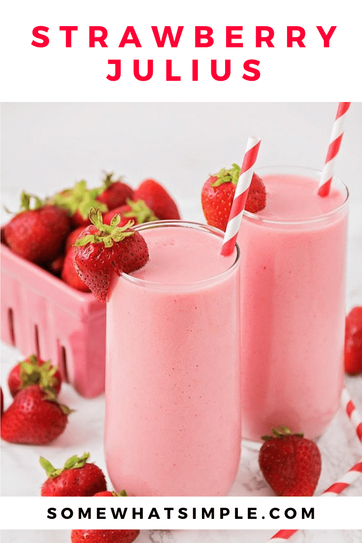 There is nothing is more refreshing than a great Strawberry Julius on a hot summer day! This easy copycat recipe is creamy, fresh and totally delicious! It's so good, you'll think you were hanging out at the mall in the 90s. #strawberrydrink #strawberrysmoothie #strawberryjuliuscopycatrecipe #strawberryjuliusrecipe #copycatstawberryjuliusrecipe via @somewhatsimple