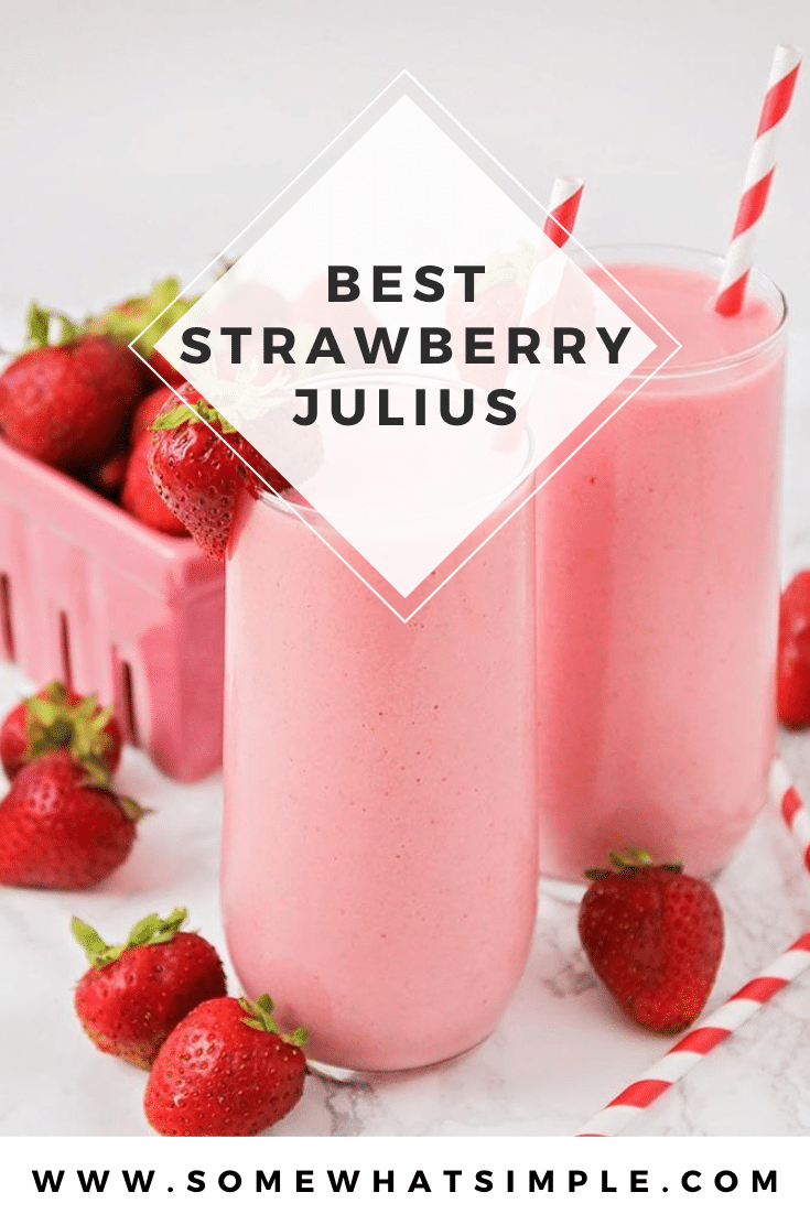 There is nothing is more refreshing than a great Strawberry Julius on a hot summer day! This easy copycat recipe is creamy, fresh and totally delicious! It's so good, you'll think you were hanging out at the mall in the 90s. #strawberrydrink #strawberrysmoothie #strawberryjuliuscopycatrecipe #strawberryjuliusrecipe #copycatstawberryjuliusrecipe via @somewhatsimple