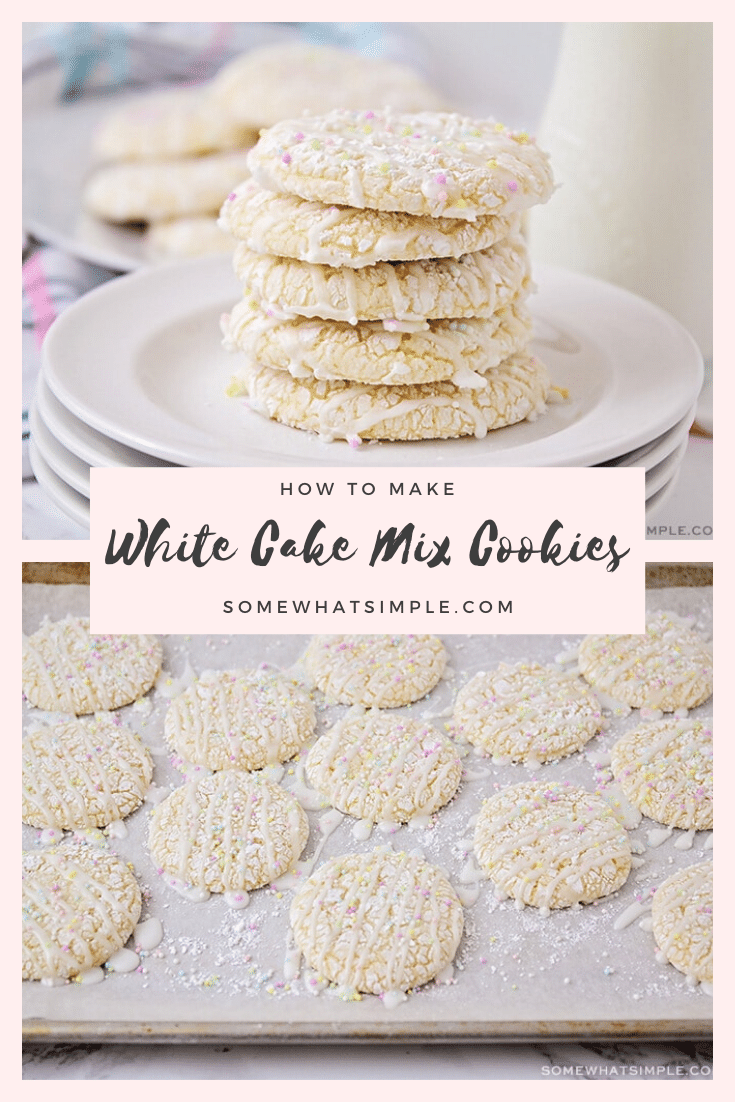 White cake mix cookies are as pretty as they are delicious! Made with just 4 ingredients, they come together easily and are perfect for any special occasion! #cakemixcookies #whitecakemixcookierecipe #3ingredientwhitecakemixcookies #whitecakemixcookies #bettycrockerwhitecakemixcookierecipe via @somewhatsimple