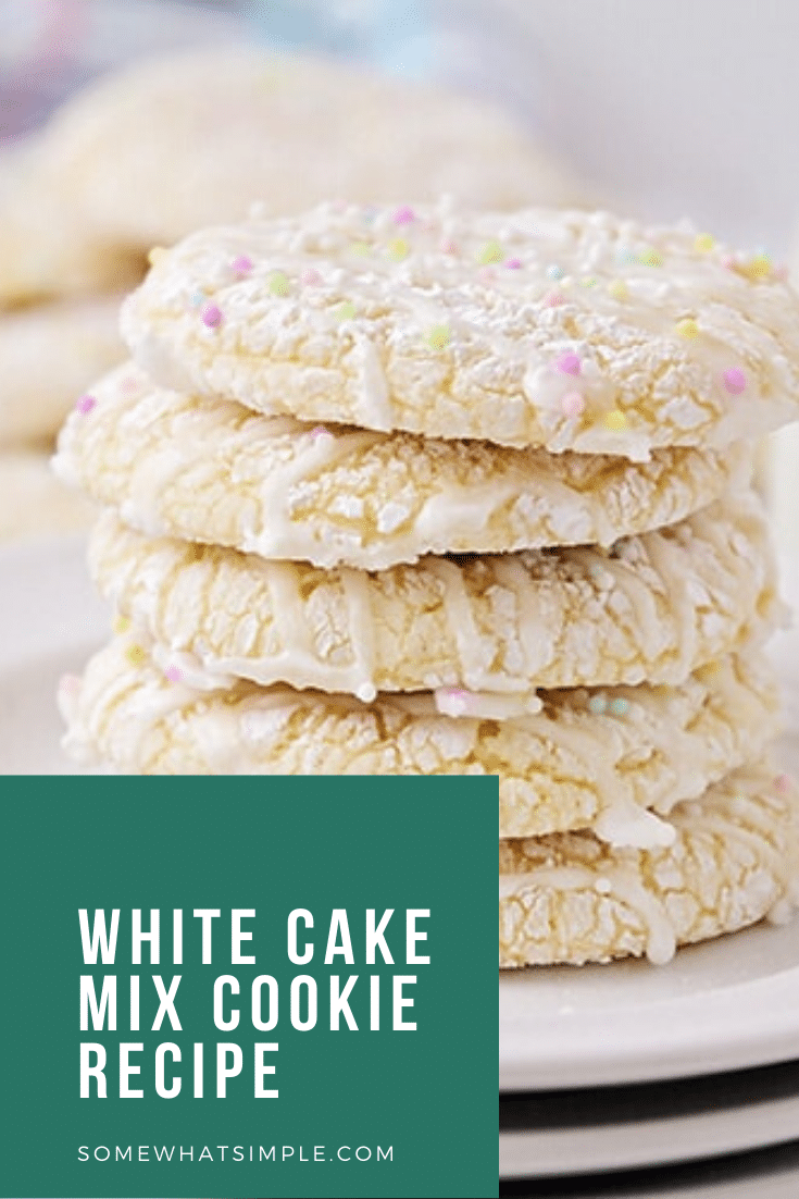 White cake mix cookies are as pretty as they are delicious! Made with just 4 ingredients, they come together easily and are perfect for any special occasion! #cakemixcookies #whitecakemixcookierecipe #3ingredientwhitecakemixcookies #whitecakemixcookies #bettycrockerwhitecakemixcookierecipe via @somewhatsimple