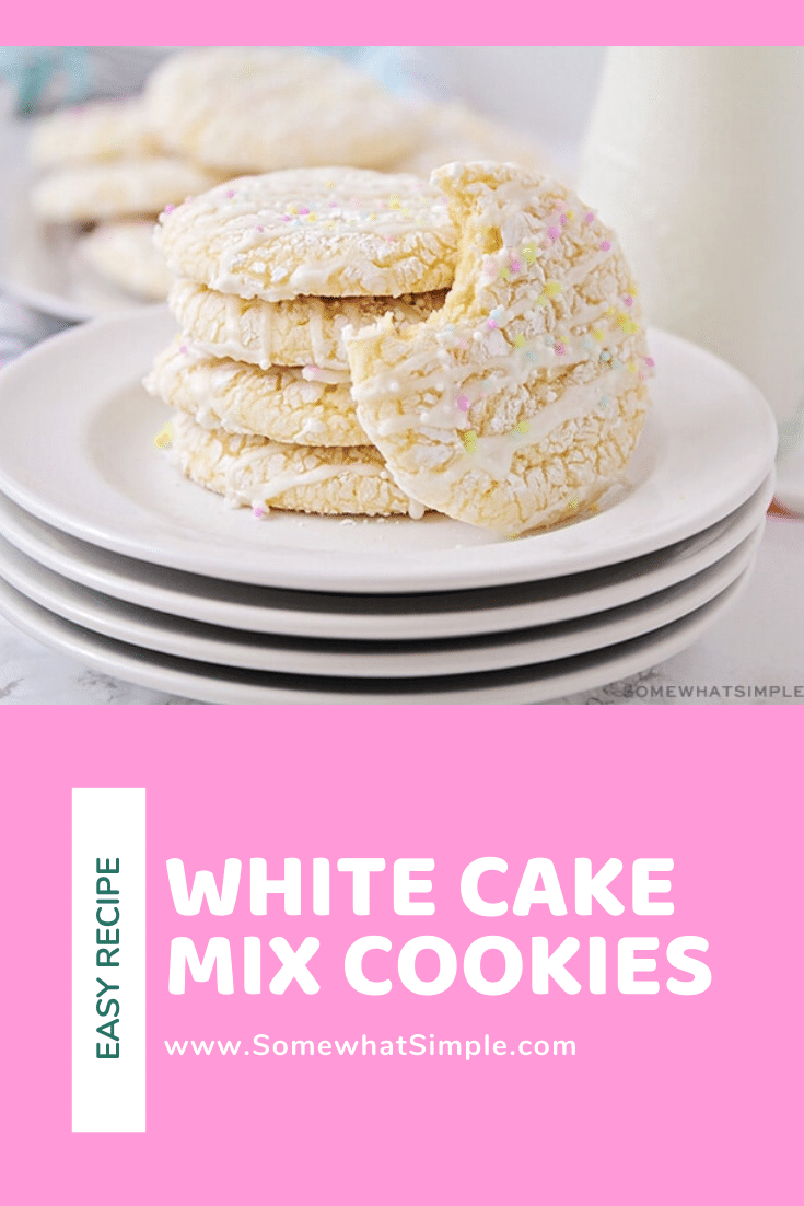 White cake mix cookies are as pretty as they are delicious! Made with just 4 ingredients, they come together easily and are perfect for any special occasion! #cakemixcookies #whitecakemixcookierecipe #3ingredientwhitecakemixcookies #whitecakemixcookies #bettycrockerwhitecakemixcookierecipe via @somewhatsimple