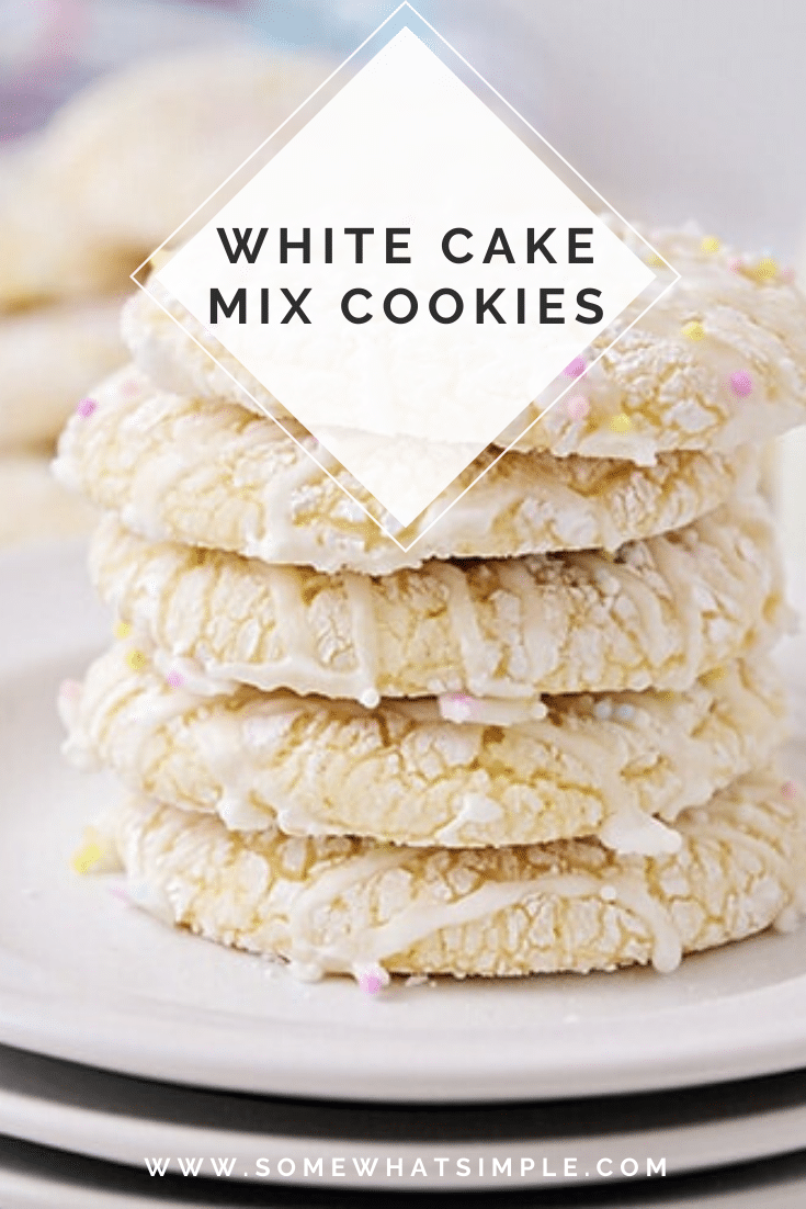 White cake mix cookies are as pretty as they are delicious! Made with just 4 ingredients, they come together easily and are perfect for any special occasion! #cakemixcookies #whitecakemixcookierecipe #3ingredientwhitecakemixcookies #whitecakemixcookies #bettycrockerwhitecakemixcookierecipe via @somewhatsimple