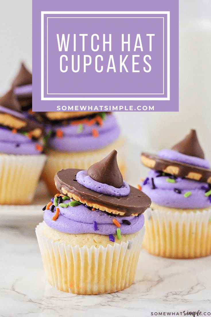 Witch hat cupcakes are easy to put together and they couldn't be any cuter! Plus they are nearly impossible to mess up, which is always a bonus with kitchen creations! Grab your kids and let's get cooking! #halloweencupcakes #witchhatcupcakes #howtomakewitchhatcupcakes #halloweencupcakesrecipe #witchhatcupcakerecipe via @somewhatsimple