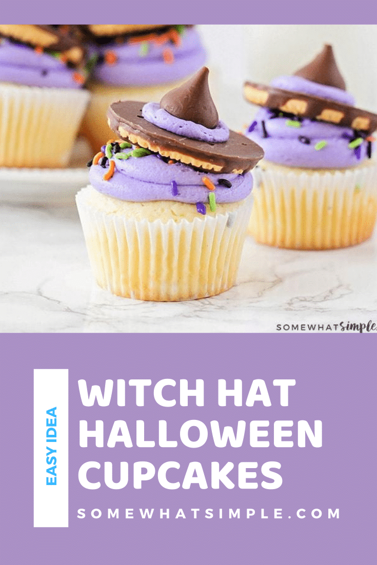 Witch hat cupcakes are easy to put together and they couldn't be any cuter! Plus they are nearly impossible to mess up, which is always a bonus with kitchen creations! Grab your kids and let's get cooking! #halloweencupcakes #witchhatcupcakes #howtomakewitchhatcupcakes #halloweencupcakesrecipe #witchhatcupcakerecipe via @somewhatsimple