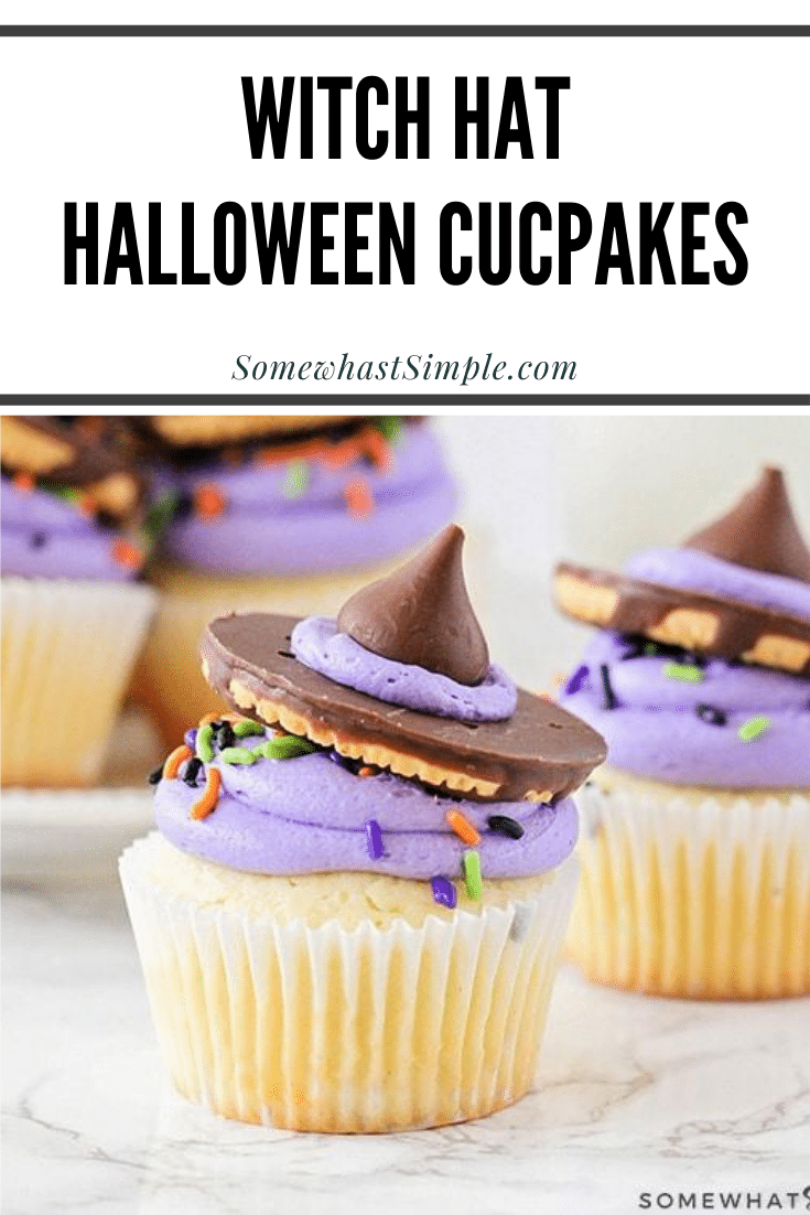 Witch hat cupcakes are easy to put together and they couldn't be any cuter! Plus they are nearly impossible to mess up, which is always a bonus with kitchen creations! Grab your kids and let's get cooking! #halloweencupcakes #witchhatcupcakes #howtomakewitchhatcupcakes #halloweencupcakesrecipe #witchhatcupcakerecipe via @somewhatsimple