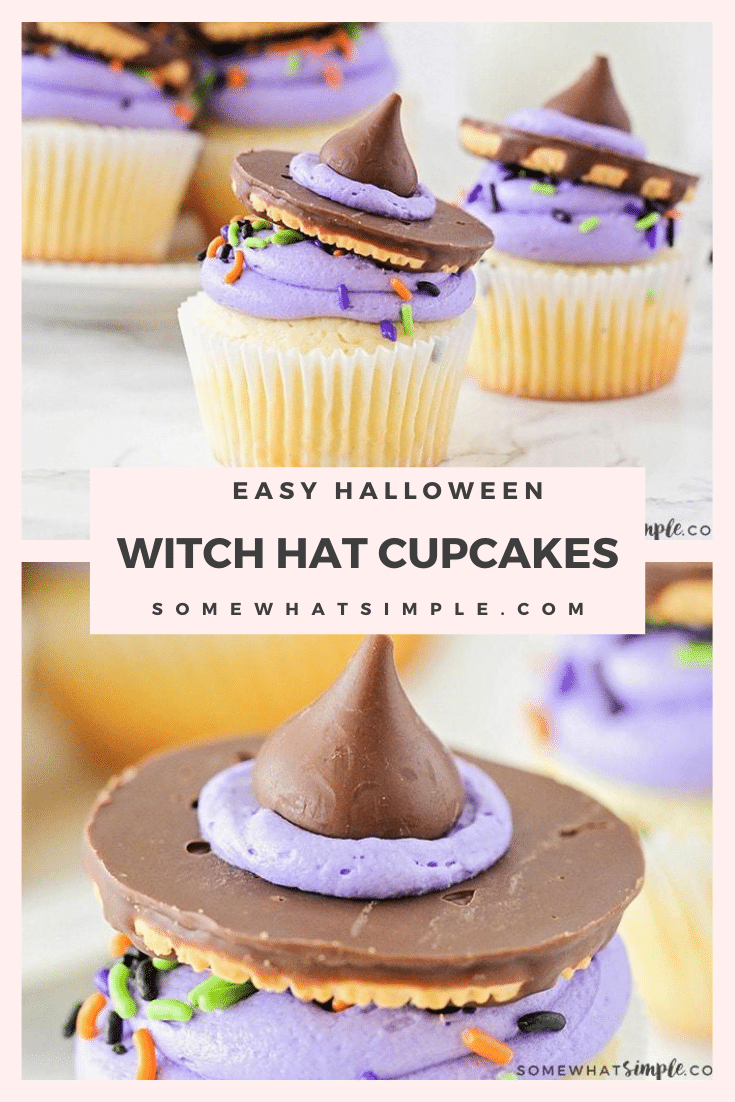 Witch hat cupcakes are easy to put together and they couldn't be any cuter! Plus they are nearly impossible to mess up, which is always a bonus with kitchen creations! Grab your kids and let's get cooking! #halloweencupcakes #witchhatcupcakes #howtomakewitchhatcupcakes #halloweencupcakesrecipe #witchhatcupcakerecipe via @somewhatsimple