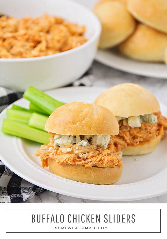 Crock Pot Buffalo Chicken Sliders are deliciously soft and full of flavor! They make a simple week night meal for your family, but are also perfect for entertaining a crowd! #crockpotbuffalochickensliders #slowcookerbuffalowchickenslidersrecipe #buffalochickensliders #easybuffalochickensliders  #howtomakebuffalochickenslidersinacrockpot via @somewhatsimple