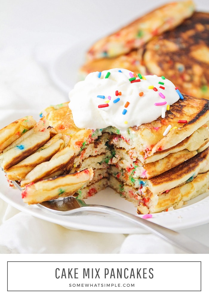 Cake mix pancakes are delicious, fun and so easy to make! They're perfect for a birthday or any other special occasion.  Not only are they light and fluffy but they taste amazing! #cakemixpancakes #cakemixpancakerecipe #easycakemixpancakes #funfetticakemixpancakes #yellowcakemixpancakes via @somewhatsimple