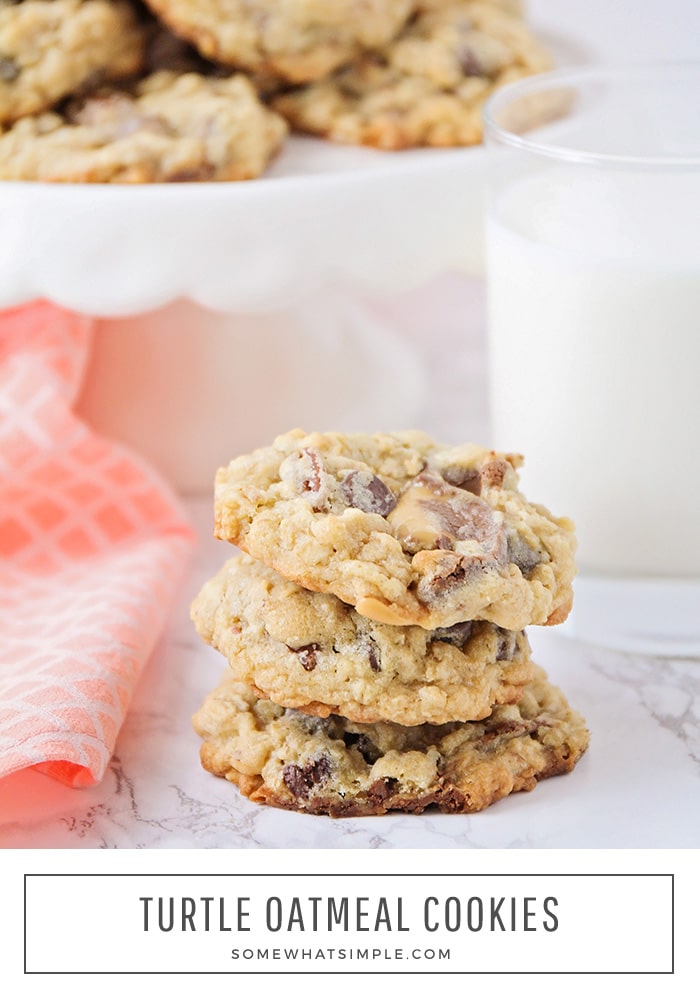 Turtle Oatmeal Cookies are chock full of chocolate, caramel, and pecans! They are simple to make and taste AMAZING! #cookies #turtle #oatmeal #caramel #chocolatechips #pecans #turtleoatmealcookies #turtleoatmealchocolatechipcookies via @somewhatsimple