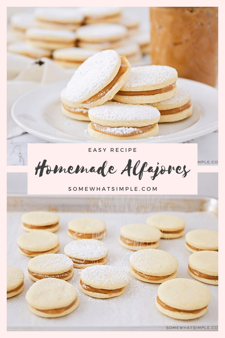 Popular all over Latin America, alfajores are a tasty treat the whole family will enjoy.  This alfajor cookie recipe is super easy to make and sure to satisfy your sweet tooth! Once you've had one of these dulce de leche cookies, you won't be able to put them down! #alfajoresrecipe #easyalfajoresrecipe #bestalfajoresrecipe #howtomakealfajores #homemadealfajores via @somewhatsimple