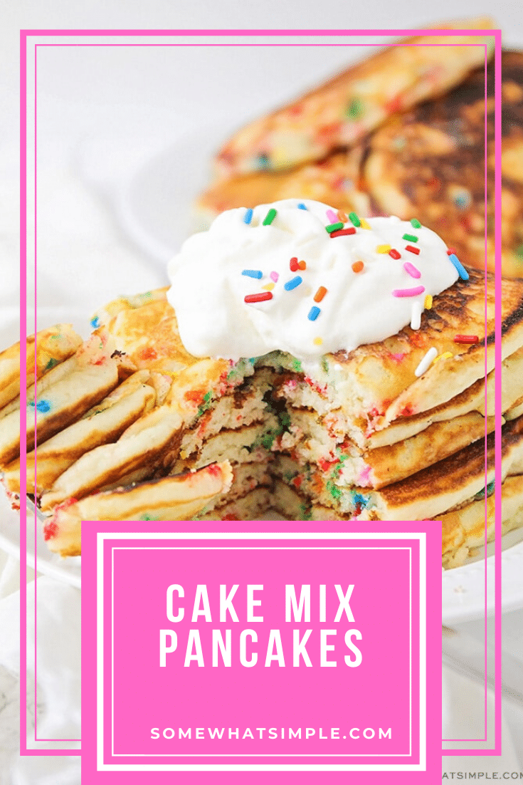 Cake mix pancakes are delicious, fun and so easy to make! They're perfect for a birthday or any other special occasion.  Not only are they light and fluffy but they taste amazing! #cakemixpancakes #cakemixpancakerecipe #easycakemixpancakes #funfetticakemixpancakes #yellowcakemixpancakes via @somewhatsimple