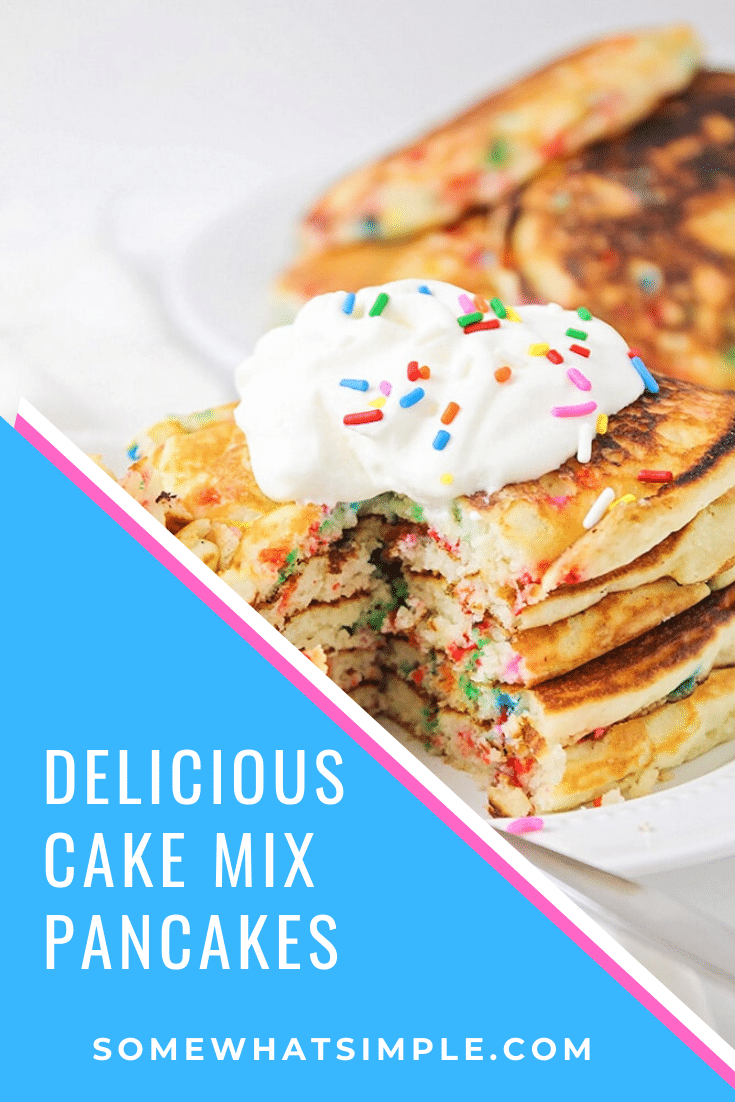 Cake mix pancakes are delicious, fun and so easy to make! They're perfect for a birthday or any other special occasion.  Not only are they light and fluffy but they taste amazing! #cakemixpancakes #cakemixpancakerecipe #easycakemixpancakes #funfetticakemixpancakes #yellowcakemixpancakes via @somewhatsimple