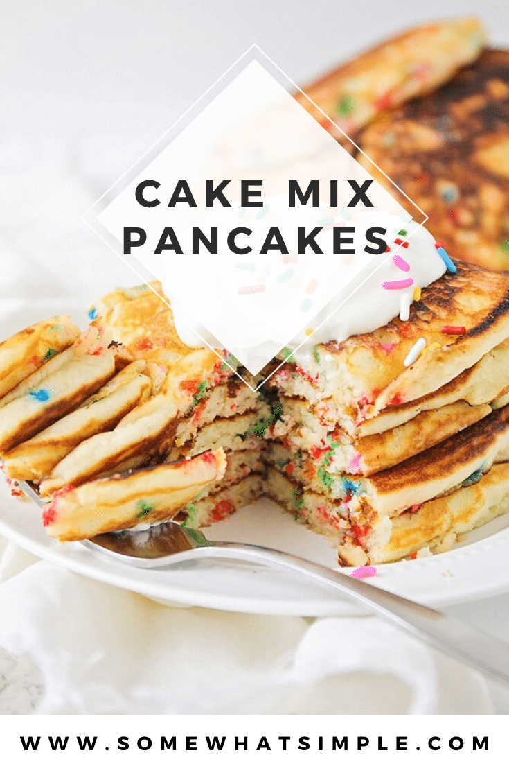 Cake mix pancakes are delicious, fun and so easy to make! They're perfect for a birthday or any other special occasion.  Not only are they light and fluffy but they taste amazing! #cakemixpancakes #cakemixpancakerecipe #easycakemixpancakes #funfetticakemixpancakes #yellowcakemixpancakes via @somewhatsimple