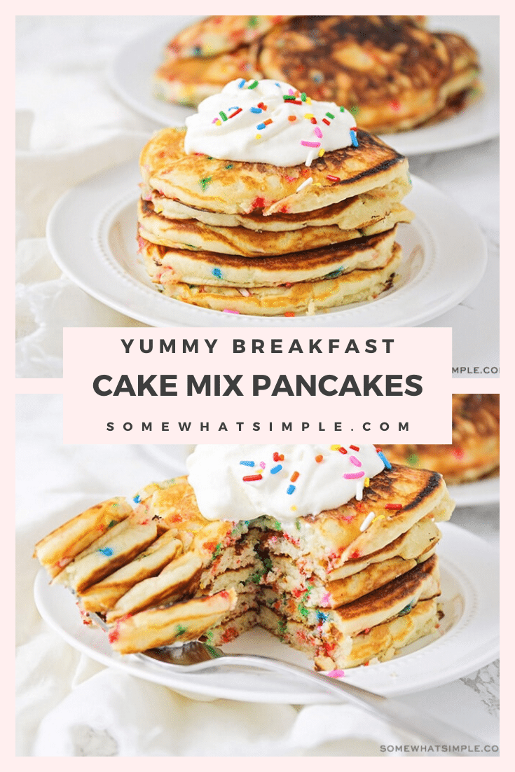 Cake mix pancakes are delicious, fun and so easy to make! They're perfect for a birthday or any other special occasion.  Not only are they light and fluffy but they taste amazing! #cakemixpancakes #cakemixpancakerecipe #easycakemixpancakes #funfetticakemixpancakes #yellowcakemixpancakes via @somewhatsimple