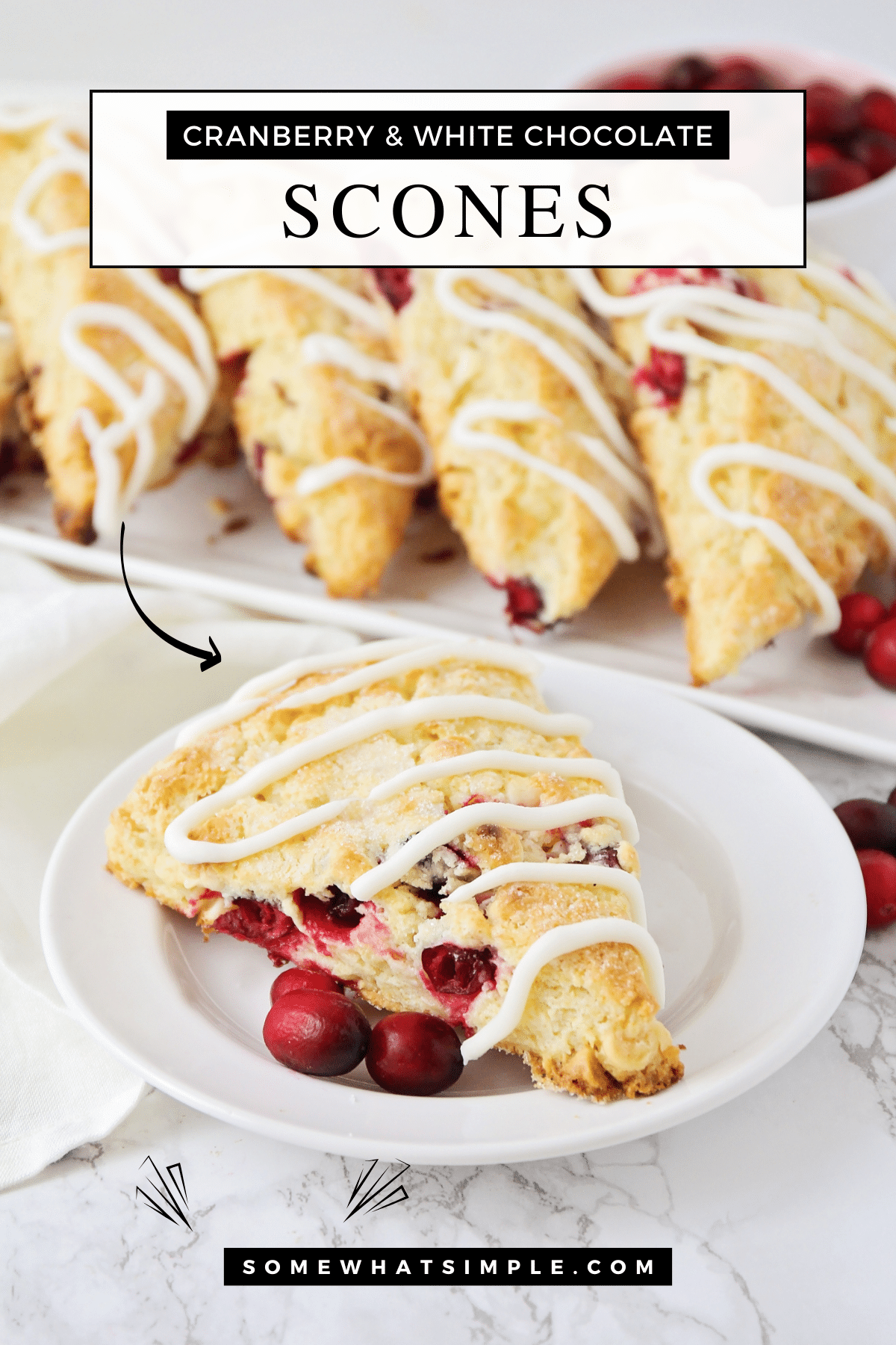 If you love the combination of tart and sweet, these Cranberry and White Chocolate Scones will quickly become your favorite! They're buttery, flaky, and perfect for breakfast or a cozy afternoon snack. via @somewhatsimple