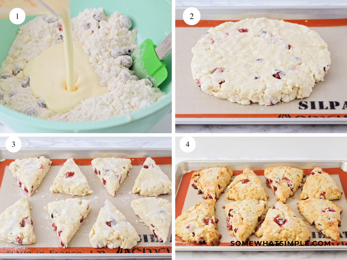 Collage of images showing directions to make Cranberry White Chocolate Scones.