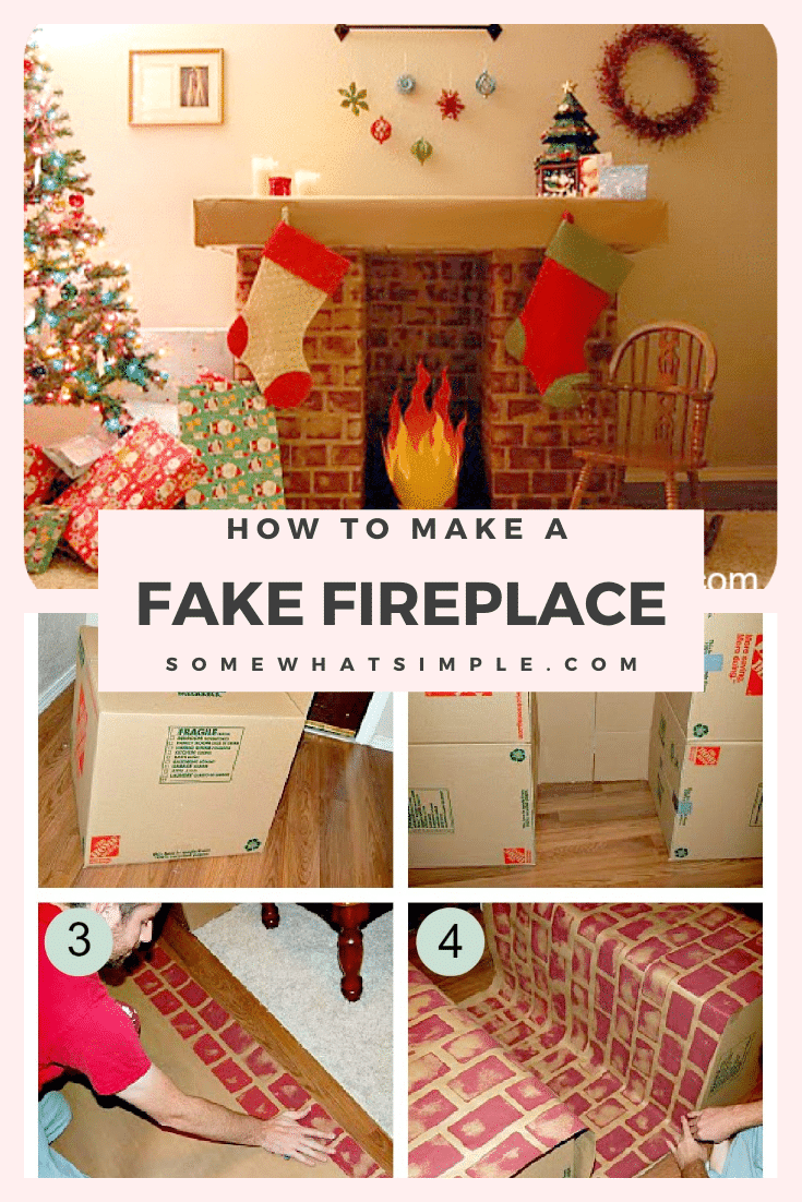 This cardboard faux fireplace is an easy solution for hanging stockings when you don't have one of your own. With easy step by step instructions, this DIY cardboard fireplace is super easy to make. This is perfect for the Christmas holiday season to prepare for Santa's visit. via @somewhatsimple