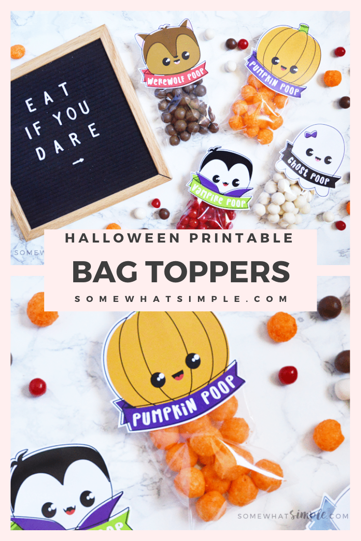 Here's a hilarious Halloween treat or snack idea that kids of all ages will absolutely love: Halloween Poop! With 4 darling designs, everyone will love getting one of these treat bags. They're perfect for handing out at school, a Halloween party or to trick or treaters on Halloween night. via @somewhatsimple