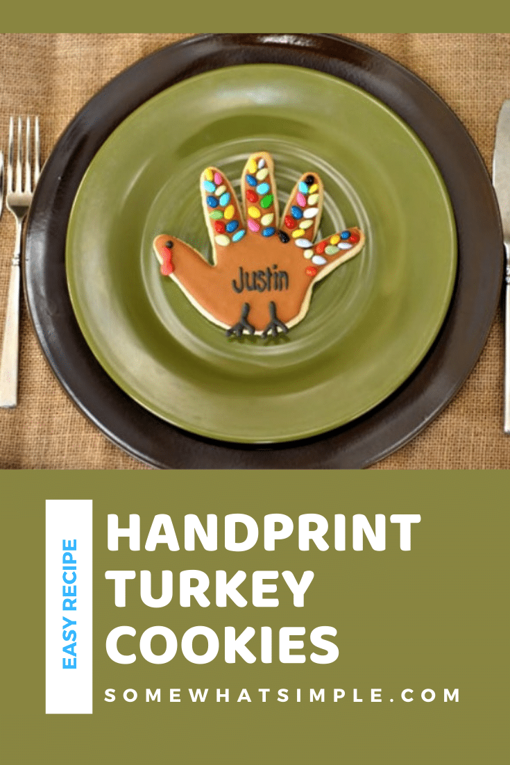 Turkey Handprint Cookies are a fun Thanksgiving treat that your kids will surely love! Made with a sugar cookie base and then shaped and decorated to look like a turkey. The best part is they're super easy to make. These really are the perfect cookie recipe to make during Thanksgiving. via @somewhatsimple