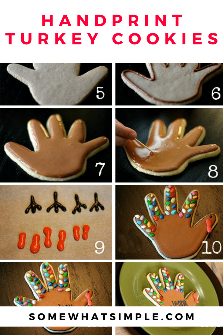 Turkey Handprint Cookies are a fun Thanksgiving treat that your kids will surely love! Made with a sugar cookie base and then shaped and decorated to look like a turkey. The best part is they're super easy to make. These really are the perfect cookie recipe to make during Thanksgiving. via @somewhatsimple