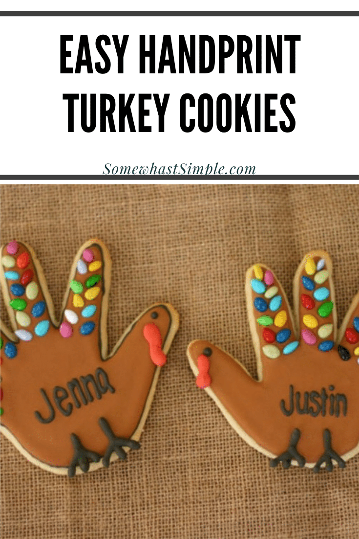 Turkey Handprint Cookies are a fun Thanksgiving treat that your kids will surely love! Made with a sugar cookie base and then shaped and decorated to look like a turkey. The best part is they're super easy to make. These really are the perfect cookie recipe to make during Thanksgiving. via @somewhatsimple
