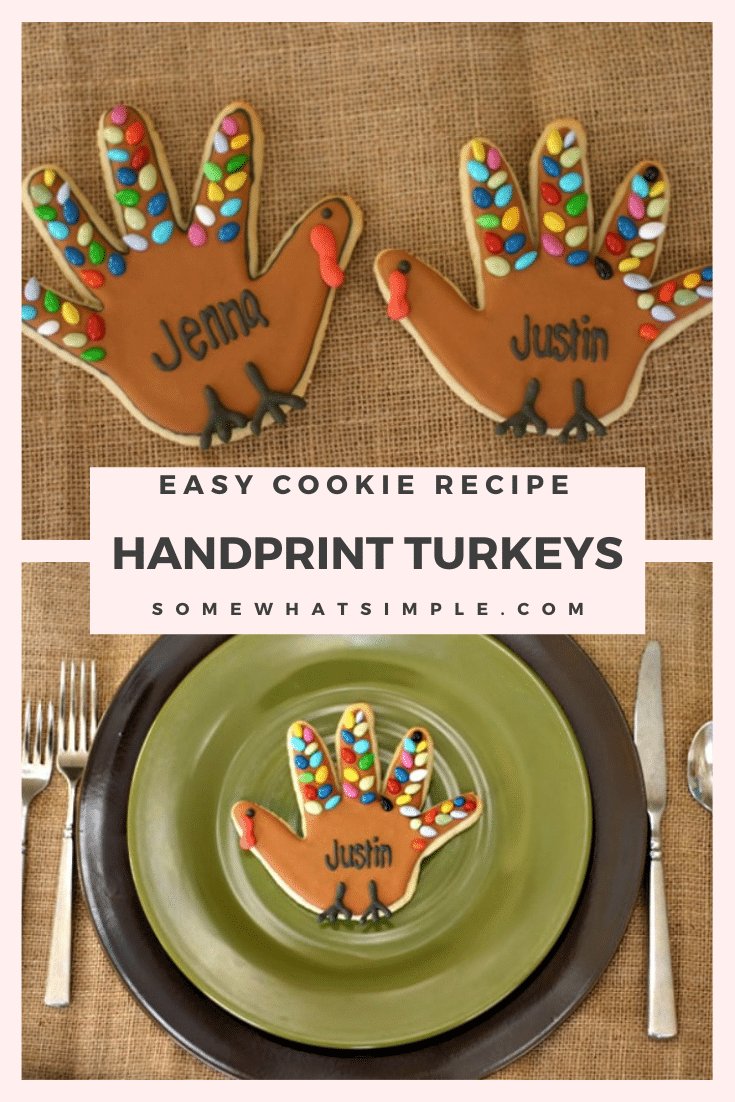 Turkey Handprint Cookies are a fun Thanksgiving treat that your kids will surely love! Made with a sugar cookie base and then shaped and decorated to look like a turkey. The best part is they're super easy to make. These really are the perfect cookie recipe to make during Thanksgiving. via @somewhatsimple