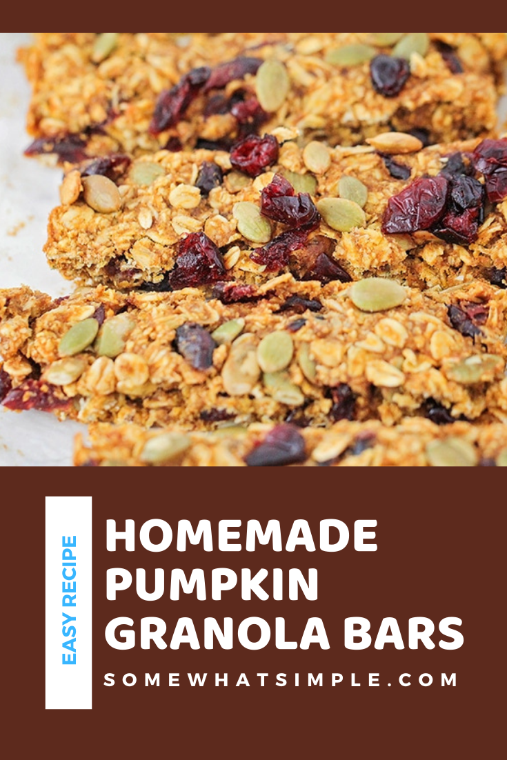 Pumpkin Granola Bars are a healthy fall snack that's made with dried cranberries and pumpkin seeds. They're super easy to make, full of delicious ingredients and they're perfect for breakfast or to have as a snack on the go. via @somewhatsimple