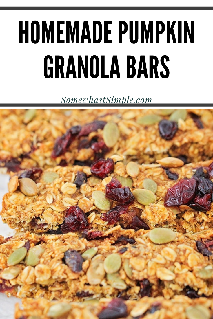 Pumpkin Granola Bars are a healthy fall snack that's made with dried cranberries and pumpkin seeds. They're super easy to make, full of delicious ingredients and they're perfect for breakfast or to have as a snack on the go. via @somewhatsimple