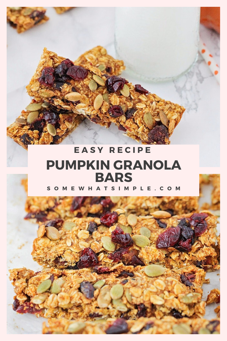 Pumpkin Granola Bars are a healthy fall snack that's made with dried cranberries and pumpkin seeds. They're super easy to make, full of delicious ingredients and they're perfect for breakfast or to have as a snack on the go. via @somewhatsimple