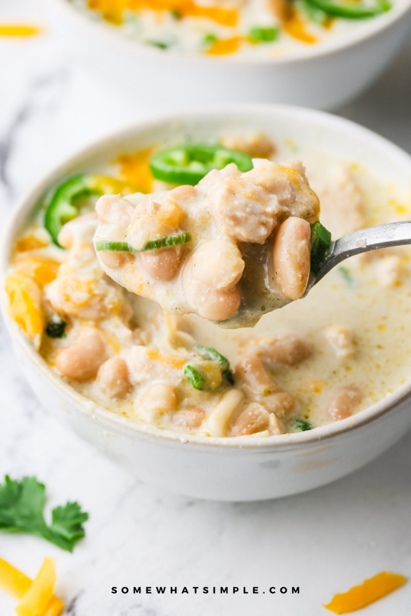 long image of a bowl of White Chicken Chili