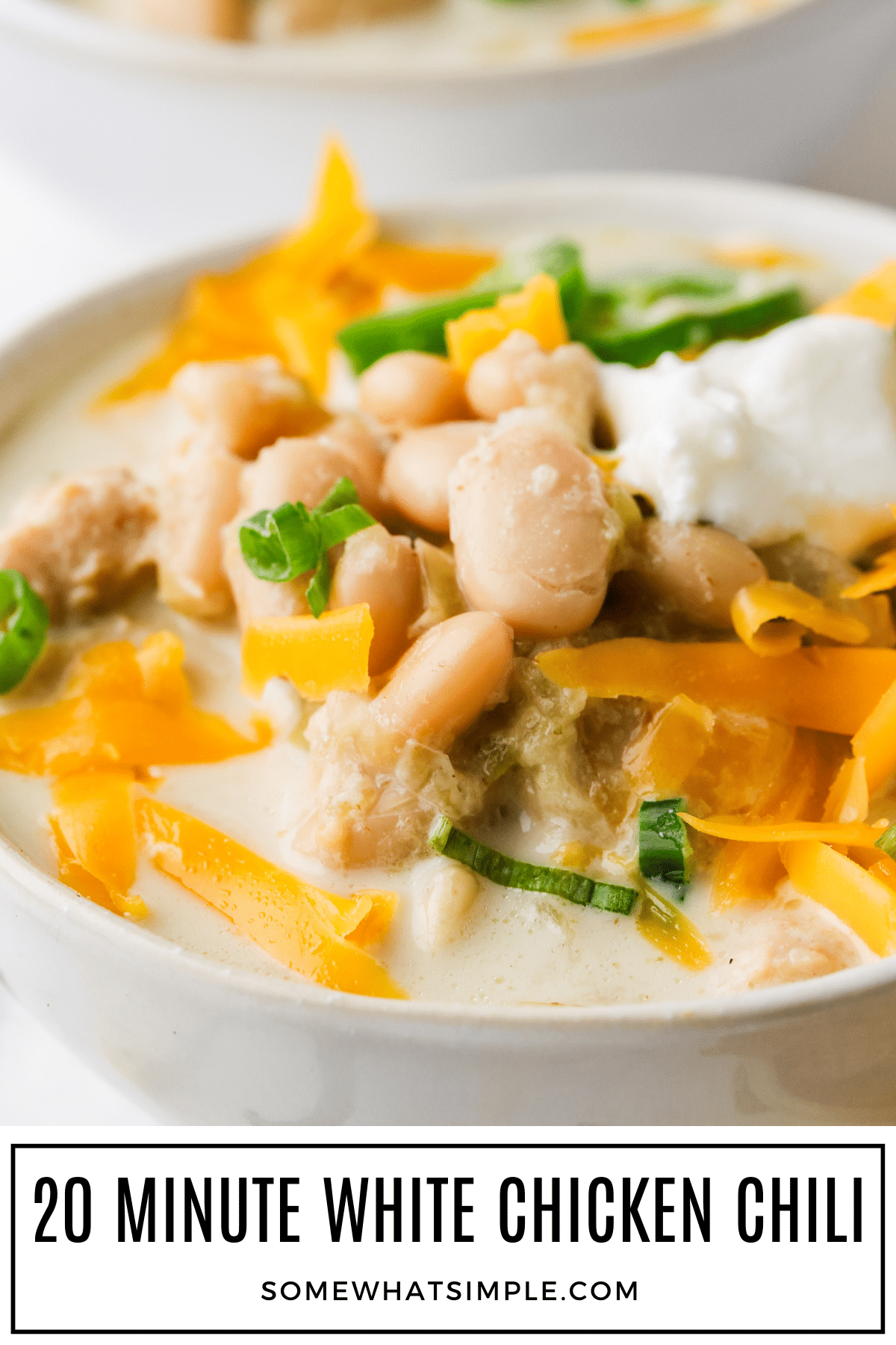 This white chicken chili recipe goes together in a snap, and it's so full of flavor that no one will guess it only took a few minutes to make. #whitechickenchili #chicken #dinner #soup #chili via @somewhatsimple