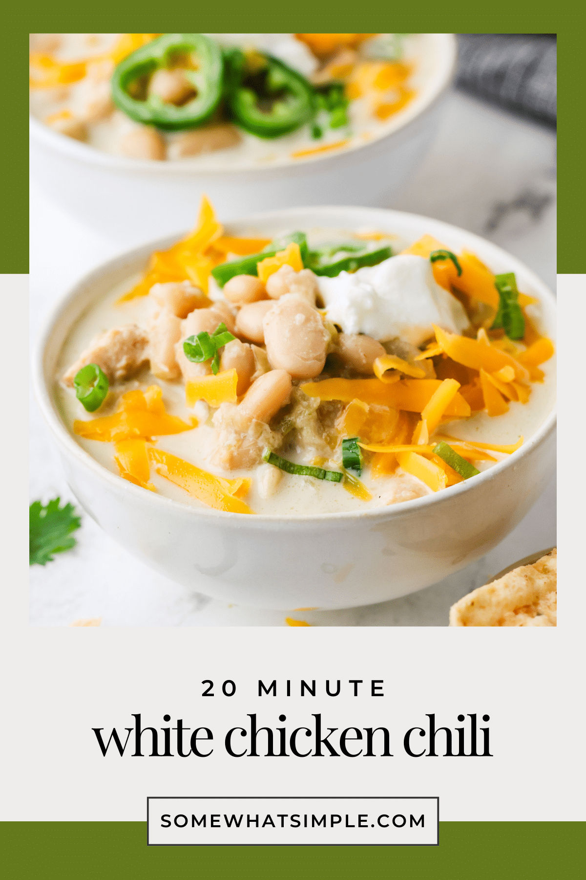 This white chicken chili recipe goes together in a snap, and it's so full of flavor that no one will guess it only took a few minutes to make. #whitechickenchili #chicken #dinner #soup #chili via @somewhatsimple