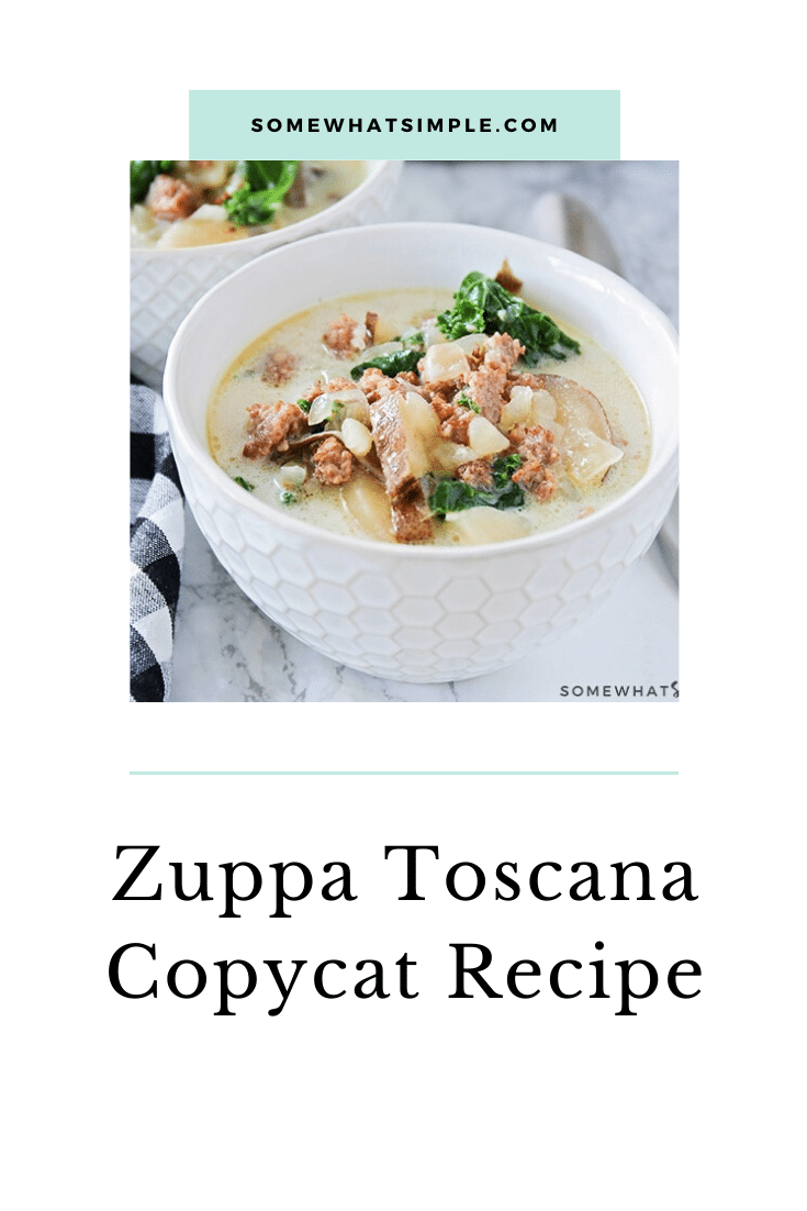 This easy Zuppa Toscana copycat recipe will let you enjoy the flavors of the Olive Garden from the comfort of your own home! Made with fresh vegetables and sausage, this soup is unbelievably delicious! Place everything in the crock pot and then relax until dinner is ready! #olivegardenzuppatoscanacopycatrecipe #zuppatoscanasoup #zuppatoscanasouprecipe #crockpotzuppatoscanasouprecipe #olivegardenzuppatoscanasouprecipe via @somewhatsimple