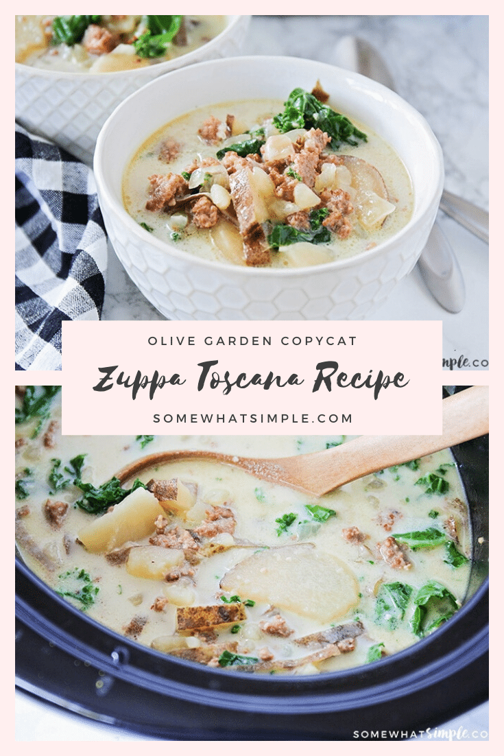 This easy Zuppa Toscana copycat recipe will let you enjoy the flavors of the Olive Garden from the comfort of your own home! Made with fresh vegetables and sausage, this soup is unbelievably delicious! Place everything in the crock pot and then relax until dinner is ready! #olivegardenzuppatoscanacopycatrecipe #zuppatoscanasoup #zuppatoscanasouprecipe #crockpotzuppatoscanasouprecipe #olivegardenzuppatoscanasouprecipe via @somewhatsimple