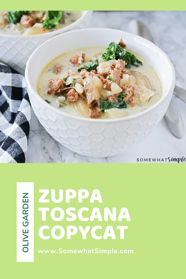 This easy Zuppa Toscana copycat recipe will let you enjoy the flavors of the Olive Garden from the comfort of your own home! Made with fresh vegetables and sausage, this soup is unbelievably delicious! Place everything in the crock pot and then relax until dinner is ready! #olivegardenzuppatoscanacopycatrecipe #zuppatoscanasoup #zuppatoscanasouprecipe #crockpotzuppatoscanasouprecipe #olivegardenzuppatoscanasouprecipe via @somewhatsimple