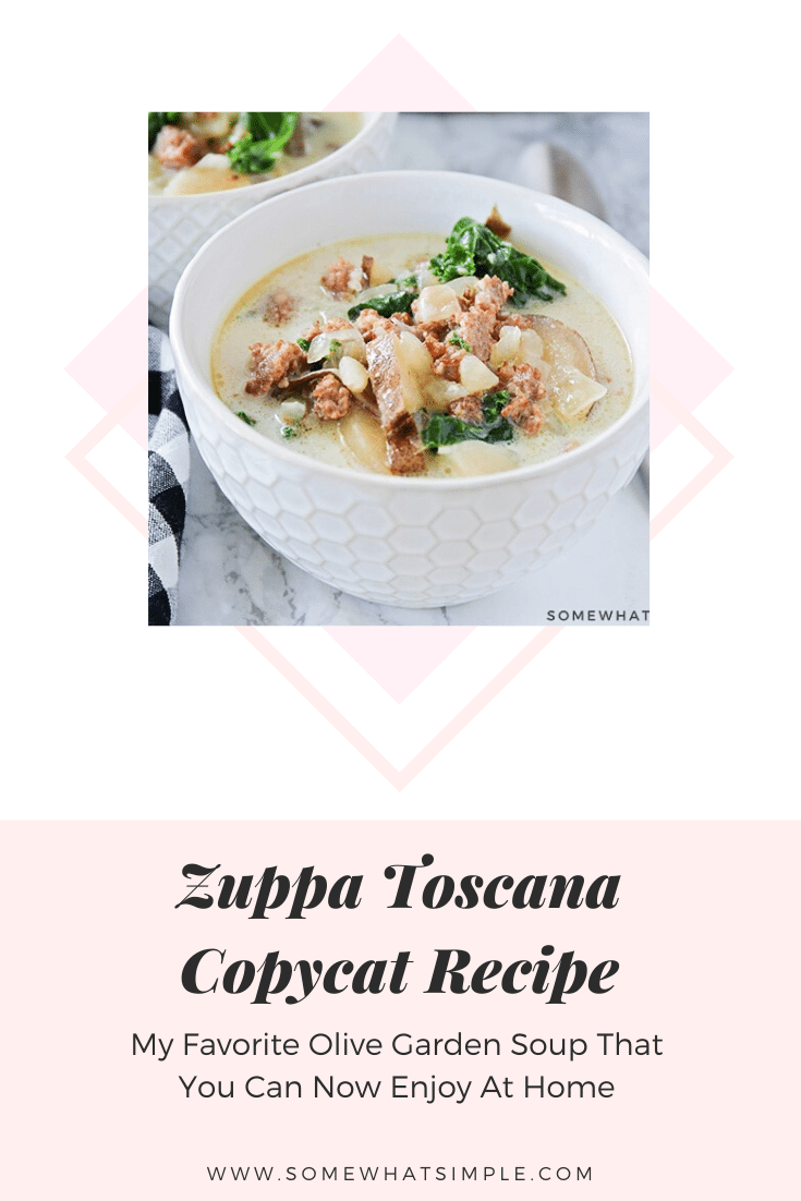 This easy Zuppa Toscana copycat recipe will let you enjoy the flavors of the Olive Garden from the comfort of your own home! Made with fresh vegetables and sausage, this soup is unbelievably delicious! Place everything in the crock pot and then relax until dinner is ready! #olivegardenzuppatoscanacopycatrecipe #zuppatoscanasoup #zuppatoscanasouprecipe #crockpotzuppatoscanasouprecipe #olivegardenzuppatoscanasouprecipe via @somewhatsimple