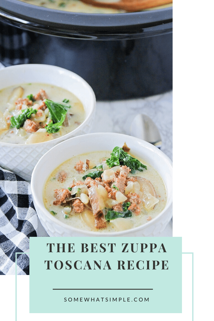 This easy Zuppa Toscana copycat recipe will let you enjoy the flavors of the Olive Garden from the comfort of your own home! Made with fresh vegetables and sausage, this soup is unbelievably delicious! Place everything in the crock pot and then relax until dinner is ready! #olivegardenzuppatoscanacopycatrecipe #zuppatoscanasoup #zuppatoscanasouprecipe #crockpotzuppatoscanasouprecipe #olivegardenzuppatoscanasouprecipe via @somewhatsimple