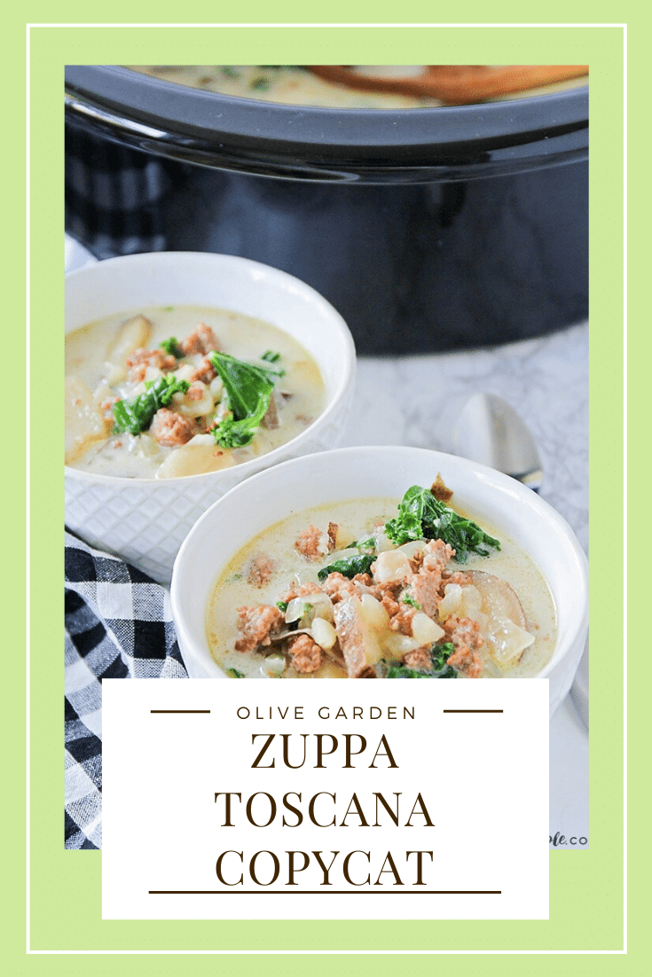 This easy Zuppa Toscana copycat recipe will let you enjoy the flavors of the Olive Garden from the comfort of your own home! Made with fresh vegetables and sausage, this soup is unbelievably delicious! Place everything in the crock pot and then relax until dinner is ready! #olivegardenzuppatoscanacopycatrecipe #zuppatoscanasoup #zuppatoscanasouprecipe #crockpotzuppatoscanasouprecipe #olivegardenzuppatoscanasouprecipe via @somewhatsimple