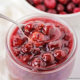 a spoon full of cherry pie filling