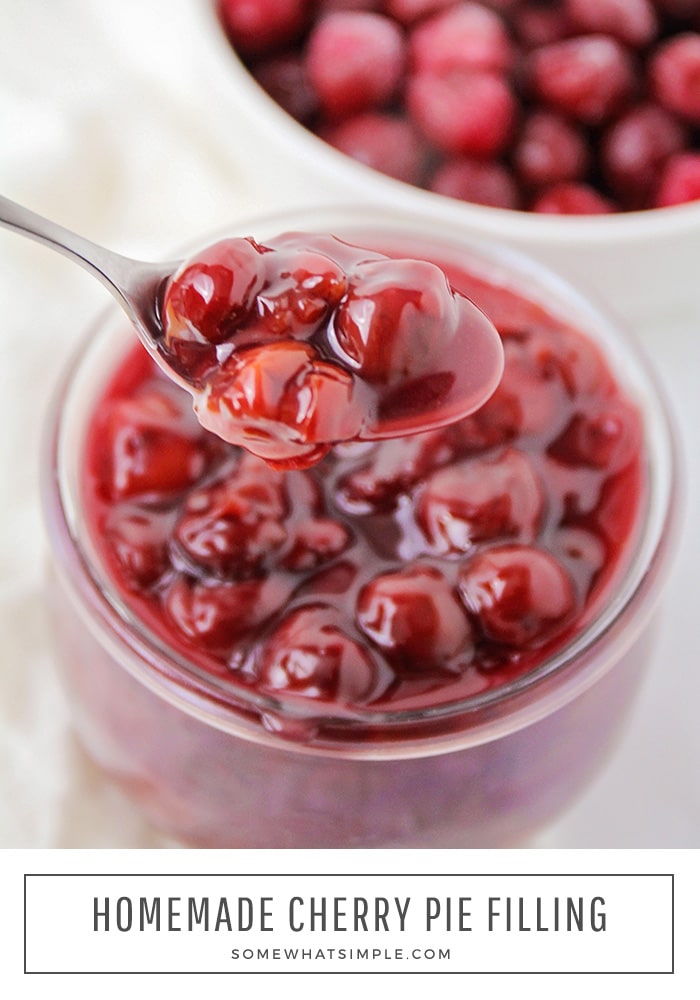 Homemade Cherry Pie Filling is made with only 3 ingredients and comes together in just a few minutes. Make your own using fresh or frozen cherries simmered with a little sugar for a thick filling that is deliciously sweet! #cherrypiefilling #homemadecherrypiefilling #easycherrypiefilling #cherrypiefillingrecipe #cherrypiefillingdesserts via @somewhatsimple