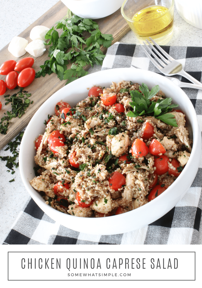 Quinoa Caprese Salad is easy, healthy and delicious! Packed with protein and fresh veggies, this salad is a full meal that's sure to satisfy! #capresequinoasalad #chickenquinoacapresesalad #capresequinoasaladrecipe #healthyquinoacapresesalad via @somewhatsimple