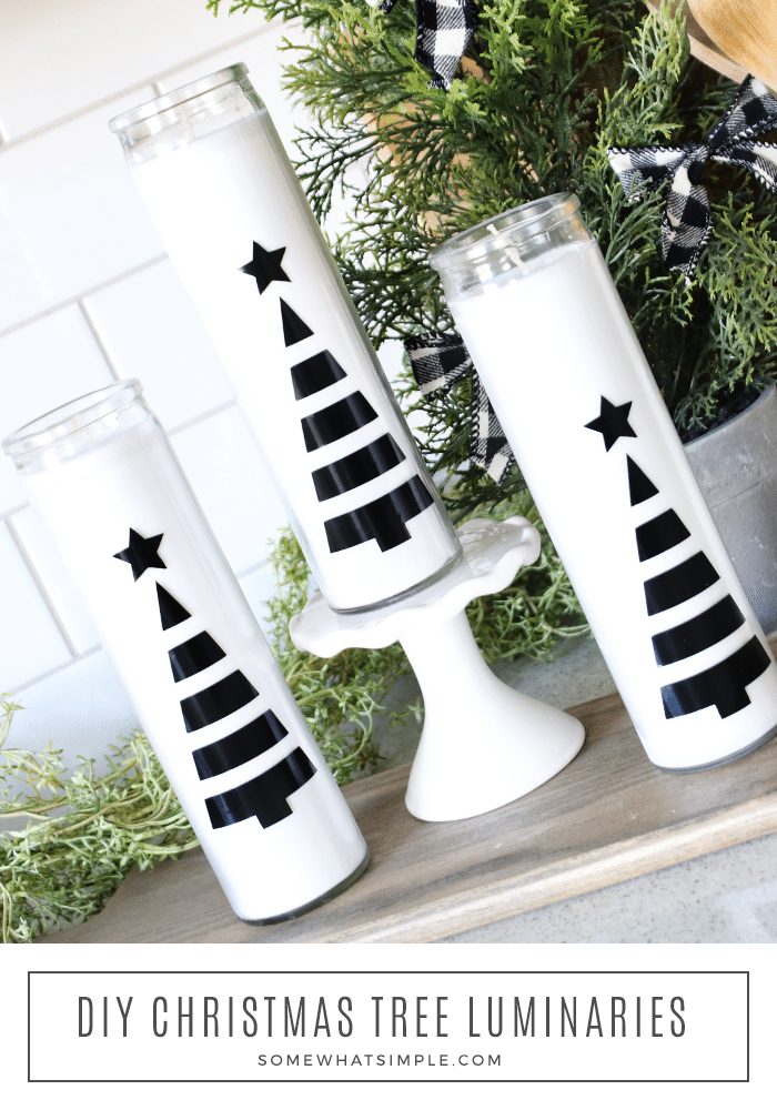 Add some sophistication to your holiday decor with a simple Christmas Tree Luminary. These classy candles can be made in 5 minutes or less and only cost $1 each! #luminary #christmas #decor #candle #cricut via @somewhatsimple