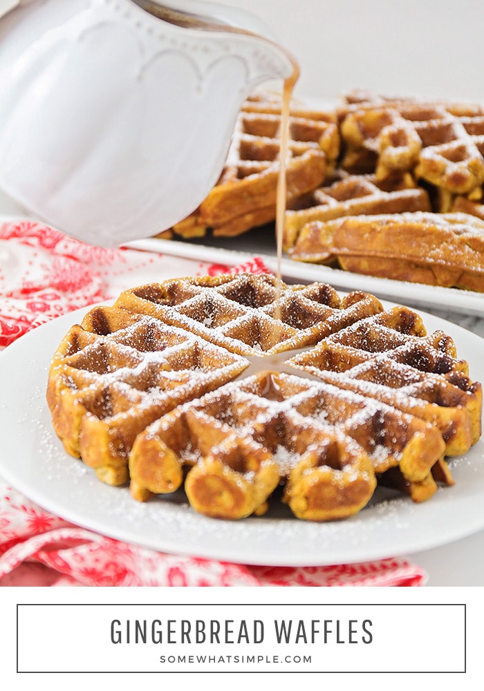 Gingerbread Waffles are the perfect holiday breakfast! They're deliciously sweet on their own, but taste like heaven when drizzled with our homemade cinnamon cream syrup! #gingerbreadwaffles #gingerbreadwafflerecipe #easygingerbreadwaffles #christmasbreakfast #gingerbread via @somewhatsimple