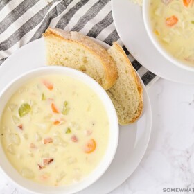 looking down on a bowl of cheesy ham and potato soup