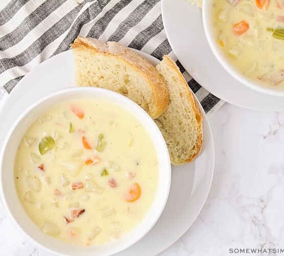 looking down on a bowl of cheesy ham and potato soup